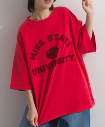 ピグメント加工天竺 パンサー フロッキー プリント ラグラン 裾ドロスト Tシャツ 半袖