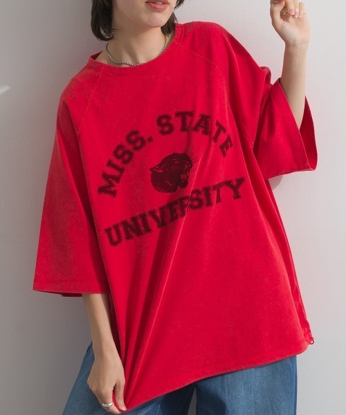 enhaut(アンオート)の「ピグメント加工天竺 パンサー フロッキー プリント ラグラン 裾ドロスト Tシャツ 半袖(Tシャツ/カットソー・レディース・チャコールグレー/ブルー/レッド/グリーン/ブラウン・FREE)」の5枚目の写真