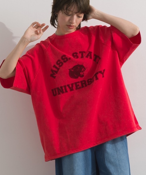 enhaut(アンオート)の「ピグメント加工天竺 パンサー フロッキー プリント ラグラン 裾ドロスト Tシャツ 半袖(Tシャツ/カットソー・レディース・チャコールグレー/ブルー/レッド/グリーン/ブラウン・FREE)」の12枚目の写真