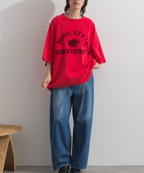 enhaut(アンオート)の「ピグメント加工天竺 パンサー フロッキー プリント ラグラン 裾ドロスト Tシャツ 半袖(Tシャツ/カットソー・レディース・チャコールグレー/ブルー/レッド/グリーン/ブラウン・FREE)」の16枚目の写真