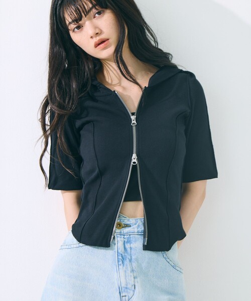 STUDIOUS(ステュディオス)の「【STUDIOUS/ステュディオス】Zip Up Hoodie Rib Top/ジップアップフーディリブトップ(パーカー・レディース・ライトブルー/ブラック/キナリ・FREE)」の3枚目の写真