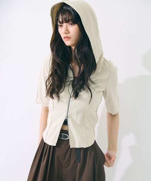 STUDIOUS(ステュディオス)の「【STUDIOUS/ステュディオス】Zip Up Hoodie Rib Top/ジップアップフーディリブトップ(パーカー・レディース・ライトブルー/ブラック/キナリ・FREE)」の9枚目の写真