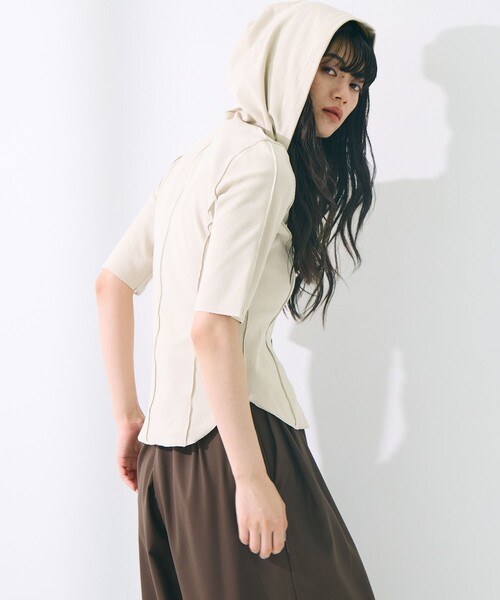 STUDIOUS(ステュディオス)の「【STUDIOUS/ステュディオス】Zip Up Hoodie Rib Top/ジップアップフーディリブトップ(パーカー・レディース・ライトブルー/ブラック/キナリ・FREE)」の7枚目の写真