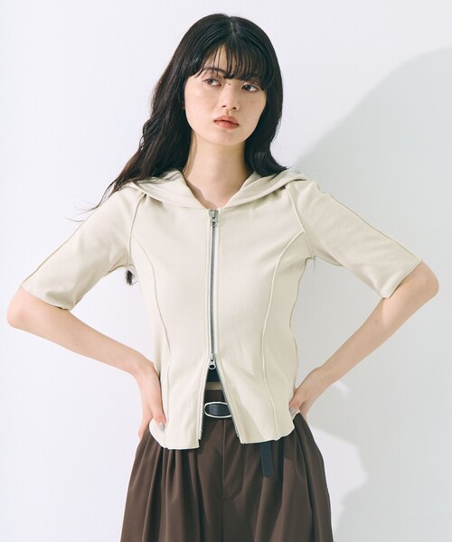 STUDIOUS(ステュディオス)の「【STUDIOUS/ステュディオス】Zip Up Hoodie Rib Top/ジップアップフーディリブトップ(パーカー・レディース・ライトブルー/ブラック/キナリ・FREE)」の6枚目の写真