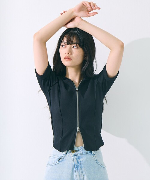 STUDIOUS(ステュディオス)の「【STUDIOUS/ステュディオス】Zip Up Hoodie Rib Top/ジップアップフーディリブトップ(パーカー・レディース・ライトブルー/ブラック/キナリ・FREE)」の21枚目の写真