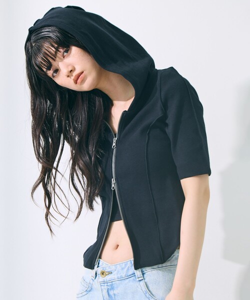 STUDIOUS(ステュディオス)の「【STUDIOUS/ステュディオス】Zip Up Hoodie Rib Top/ジップアップフーディリブトップ(パーカー・レディース・ライトブルー/ブラック/キナリ・FREE)」の19枚目の写真