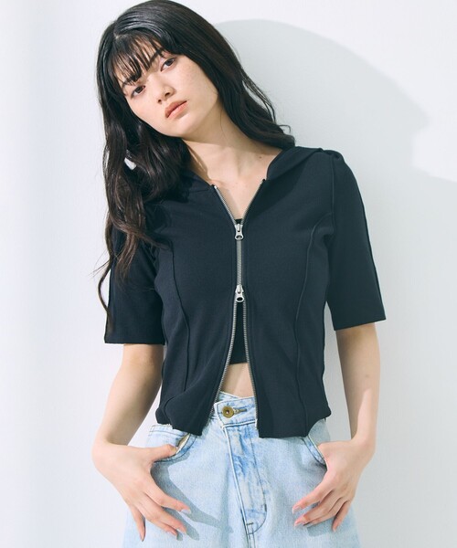 STUDIOUS(ステュディオス)の「【STUDIOUS/ステュディオス】Zip Up Hoodie Rib Top/ジップアップフーディリブトップ(パーカー・レディース・ライトブルー/ブラック/キナリ・FREE)」の22枚目の写真