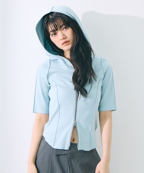 STUDIOUS(ステュディオス)の「【STUDIOUS/ステュディオス】Zip Up Hoodie Rib Top/ジップアップフーディリブトップ(パーカー・レディース・ライトブルー/ブラック/キナリ・FREE)」の15枚目の写真