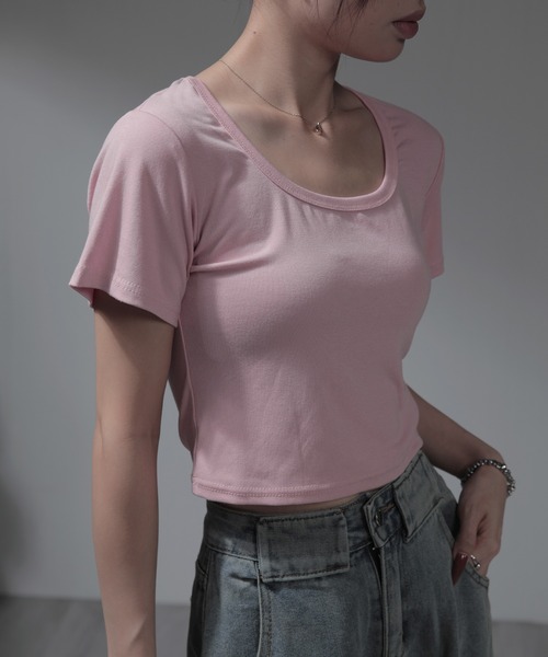 nonomi(ノノミ)の「デコルテオープン クロップド丈 半袖タイトTシャツ(Tシャツ/カットソー・レディース・ピンク/グレー/ブラック/ホワイト・L/M)」の13枚目の写真
