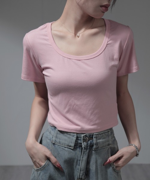nonomi(ノノミ)の「デコルテオープン クロップド丈 半袖タイトTシャツ(Tシャツ/カットソー・レディース・ピンク/グレー/ブラック/ホワイト・L/M)」の14枚目の写真