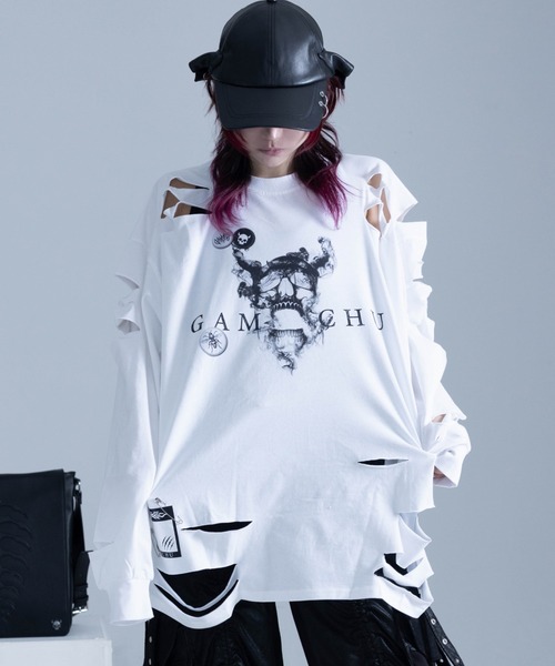 Gamchu（ガムチュ）の「『Gamchu/ガムチュ』COULD’VE CUT IT MORE. BUT I’LL STOP HERE. 2Pダメージ加工L/STEE（Tシャツ/カットソー・レディース・ホワイト/ブラック・FREE）」の2枚目の写真