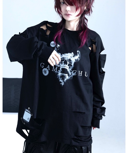 Gamchu（ガムチュ）の「『Gamchu/ガムチュ』COULD’VE CUT IT MORE. BUT I’LL STOP HERE. 2Pダメージ加工L/STEE（Tシャツ/カットソー・レディース・ホワイト/ブラック・FREE）」の3枚目の写真