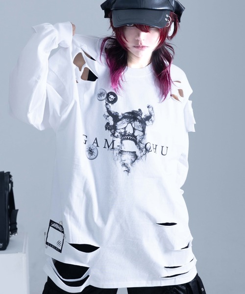 Gamchu（ガムチュ）の「『Gamchu/ガムチュ』COULD’VE CUT IT MORE. BUT I’LL STOP HERE. 2Pダメージ加工L/STEE（Tシャツ/カットソー・レディース・ホワイト/ブラック・FREE）」の9枚目の写真