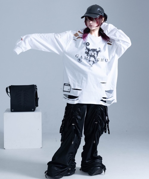 Gamchu（ガムチュ）の「『Gamchu/ガムチュ』COULD’VE CUT IT MORE. BUT I’LL STOP HERE. 2Pダメージ加工L/STEE（Tシャツ/カットソー・レディース・ホワイト/ブラック・FREE）」の11枚目の写真