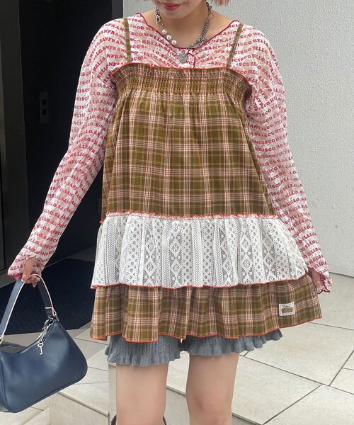 HELLO.SANFRANCISCO（ハローサンフランシスコ）の「【HELLO.SANFRANCISCO/ハローサンフランシスコ】チェックレースチュニックワンピ（チュニック・レディース・グリーン/ブルー/ピンク・ONE SIZE）」の4枚目の写真