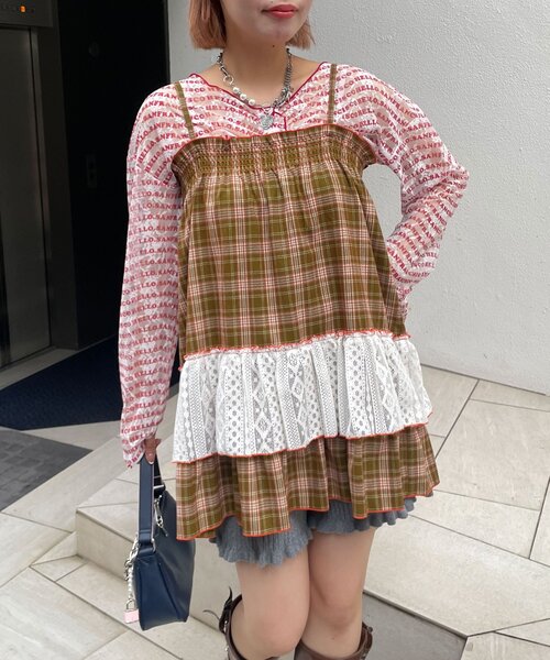 HELLO.SANFRANCISCO（ハローサンフランシスコ）の「【HELLO.SANFRANCISCO/ハローサンフランシスコ】チェックレースチュニックワンピ（チュニック・レディース・グリーン/ブルー/ピンク・ONE SIZE）」の5枚目の写真