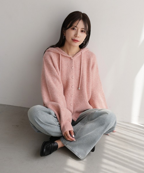 Riberry(リベリー)の「フードニットカーディガン(カーディガン/ボレロ・レディース・チャコールグレー/オートミール/ネイビー/イエロー/ピンク/杢グレー・FREE)」の1枚目の写真