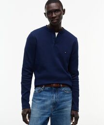 スリム長袖ヘンリーネックワッフルTシャツ