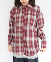 裾レースチェック柄シャツ
