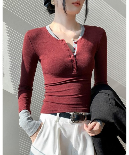 inst.ALL（インストール）の「レイヤード風バイカラーヘンリートップス（Tシャツ/カットソー・レディース・レッド/ブラウン/ブラック・M）」の21枚目の写真