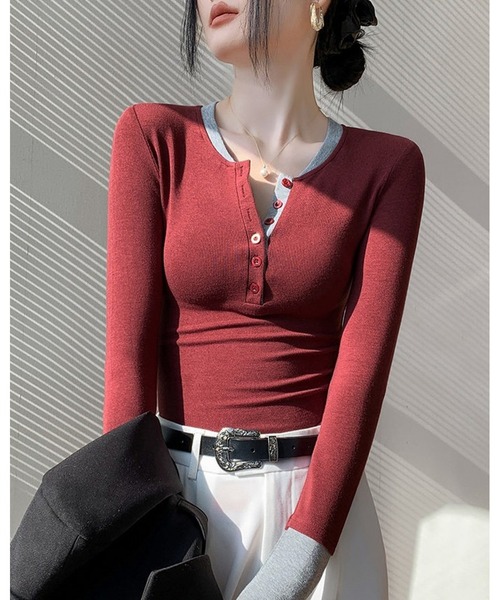 inst.ALL（インストール）の「レイヤード風バイカラーヘンリートップス（Tシャツ/カットソー・レディース・レッド/ブラウン/ブラック・M）」の22枚目の写真