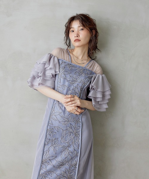 Kana(カナ)の「フリルスリーブスパンコールレースドレス パーティー 結婚式 お呼ばれ オケージョン(ドレス・レディース・グレー/ブラウン/ブラック/イエロー・M)」の2枚目の写真