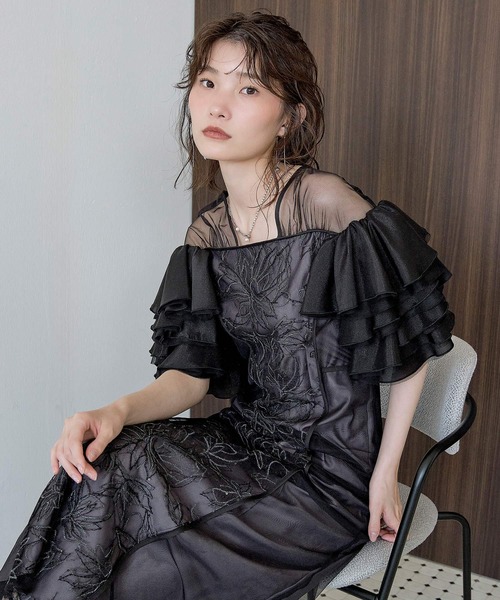 Kana(カナ)の「フリルスリーブスパンコールレースドレス パーティー 結婚式 お呼ばれ オケージョン(ドレス・レディース・グレー/ブラウン/ブラック/イエロー・M)」の1枚目の写真