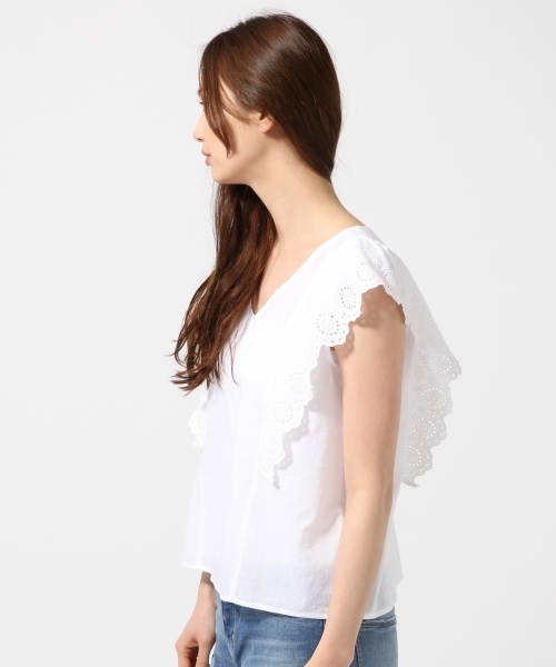 GLOBAL WORK（グローバルワーク）の「レーススリーブVブラウス半袖/710063（シャツ/ブラウス・レディース・ホワイト/ブラック/カーキ/サックスブルー・LARGE/MEDIUM）」の5枚目の写真