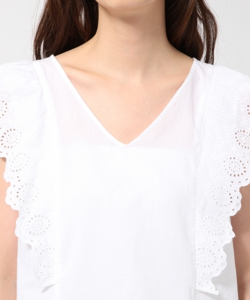 GLOBAL WORK（グローバルワーク）の「レーススリーブVブラウス半袖/710063（シャツ/ブラウス・レディース・ホワイト/ブラック/カーキ/サックスブルー・LARGE/MEDIUM）」の7枚目の写真
