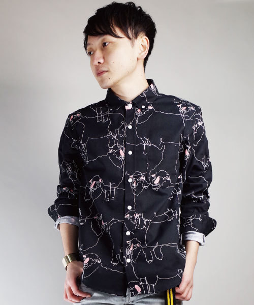 rovtski ロフトスキー ヘヴィチェックパッチロングシャツ セール】パグフェイスネコイラスト総柄シャツ長袖 /2S17061501