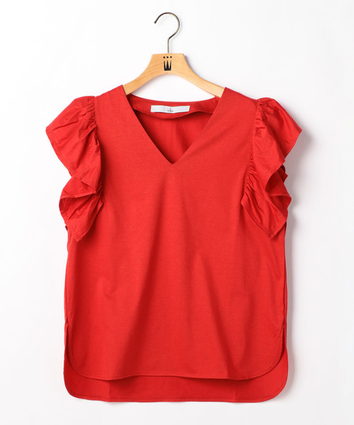 Tiara（ティアラ）の「Vネックギャザースリーブカットソー（Tシャツ/カットソー・レディース・マスタード/ホワイト×ブラック/レッド/ブラック・FREE）」の4枚目の写真