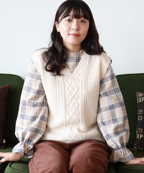 PairPair（ペアペア）の「【PairPair１周年限定アイテム】チェック柄キャンディスリーブブラウス×バックリボンニットベストセット（シャツ/ブラウス・レディース・アイボリー/ブラウン系その他・FREE）」の6枚目の写真