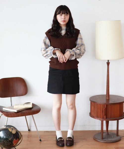 PairPair（ペアペア）の「【PairPair１周年限定アイテム】チェック柄キャンディスリーブブラウス×バックリボンニットベストセット（シャツ/ブラウス・レディース・アイボリー/ブラウン系その他・FREE）」の9枚目の写真