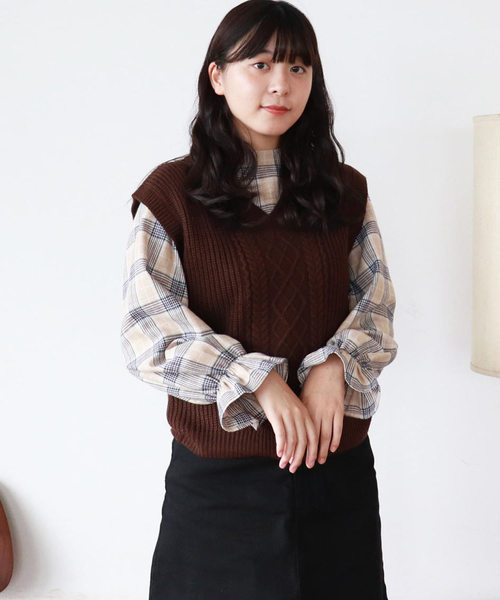 PairPair（ペアペア）の「【PairPair１周年限定アイテム】チェック柄キャンディスリーブブラウス×バックリボンニットベストセット（シャツ/ブラウス・レディース・アイボリー/ブラウン系その他・FREE）」の10枚目の写真