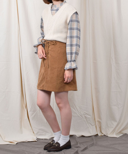 PairPair（ペアペア）の「【PairPair１周年限定アイテム】チェック柄キャンディスリーブブラウス×バックリボンニットベストセット（シャツ/ブラウス・レディース・アイボリー/ブラウン系その他・FREE）」の12枚目の写真