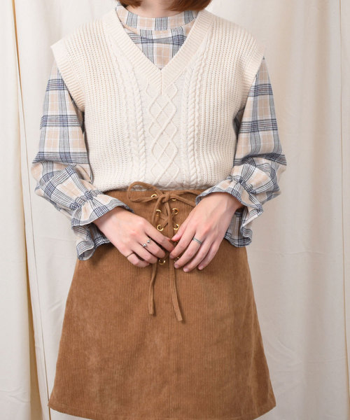 PairPair（ペアペア）の「【PairPair１周年限定アイテム】チェック柄キャンディスリーブブラウス×バックリボンニットベストセット（シャツ/ブラウス・レディース・アイボリー/ブラウン系その他・FREE）」の14枚目の写真