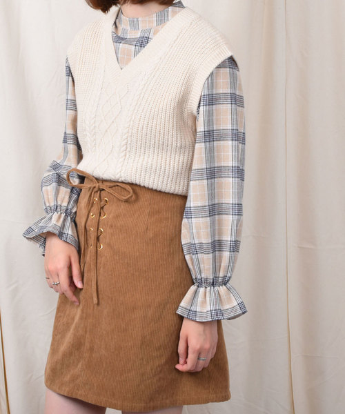 PairPair（ペアペア）の「【PairPair１周年限定アイテム】チェック柄キャンディスリーブブラウス×バックリボンニットベストセット（シャツ/ブラウス・レディース・アイボリー/ブラウン系その他・FREE）」の15枚目の写真