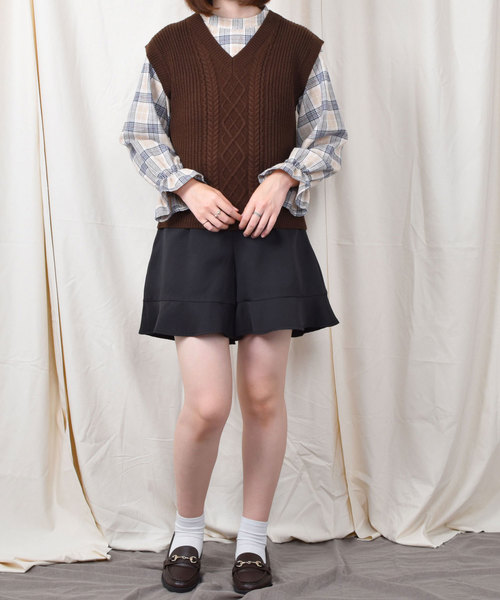 PairPair（ペアペア）の「【PairPair１周年限定アイテム】チェック柄キャンディスリーブブラウス×バックリボンニットベストセット（シャツ/ブラウス・レディース・アイボリー/ブラウン系その他・FREE）」の17枚目の写真