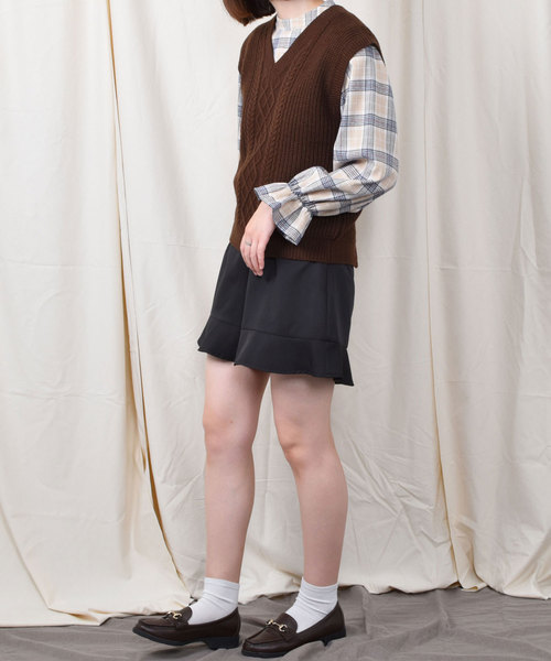 PairPair（ペアペア）の「【PairPair１周年限定アイテム】チェック柄キャンディスリーブブラウス×バックリボンニットベストセット（シャツ/ブラウス・レディース・アイボリー/ブラウン系その他・FREE）」の18枚目の写真