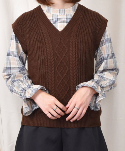 PairPair（ペアペア）の「【PairPair１周年限定アイテム】チェック柄キャンディスリーブブラウス×バックリボンニットベストセット（シャツ/ブラウス・レディース・アイボリー/ブラウン系その他・FREE）」の20枚目の写真