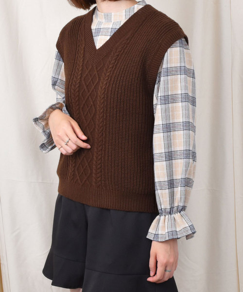 PairPair（ペアペア）の「【PairPair１周年限定アイテム】チェック柄キャンディスリーブブラウス×バックリボンニットベストセット（シャツ/ブラウス・レディース・アイボリー/ブラウン系その他・FREE）」の21枚目の写真