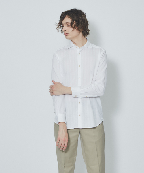 RECENCY OF MINE(リーセンシー オブ マイン)の「【Recency of Mine】サモーラアイレットストライプ無地シャツ(シャツ/ブラウス・メンズ・ダークネイビー/オフホワイト・48/50/44/46)」の1枚目の写真