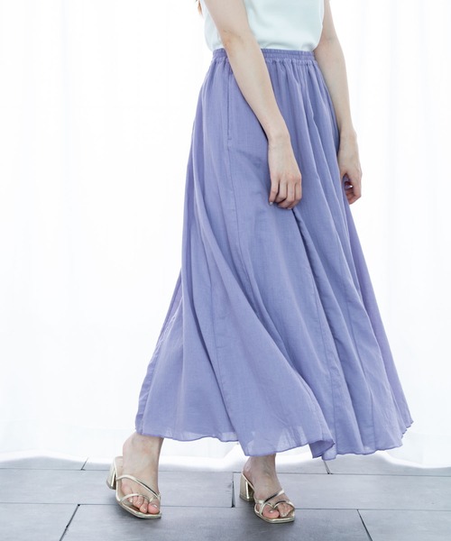 earth music&ecology（アースミュージックアンドエコロジー）の「コットンボイルギャザーフレアスカート ＊（スカート・レディース・ブラック/ベージュ/パープル/ブラウン/オフホワイト/ピンク/グリーン/マスタード・FREE）」の6枚目の写真