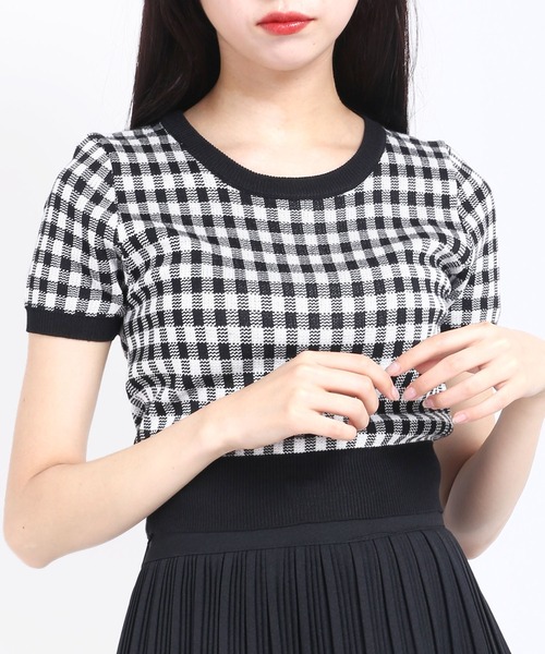 WC（ダブル シー）の「ギンガムニット半袖トップス（ニット/セーター・レディース・ホワイト/ブラック/サックスブルー・FREE）」の3枚目の写真