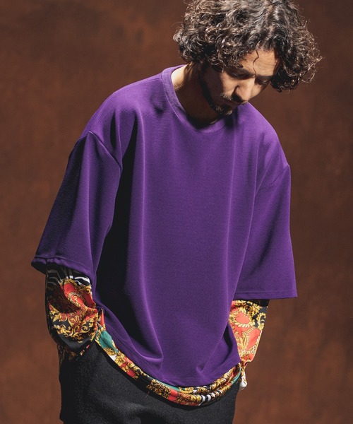 Jih Nunc(ジーヌンク)の「mlt3537-カットソー×総柄コンビフェイクレイヤードカットソー(Tシャツ/カットソー・メンズ・ホワイト/ブラック/パープル・S/M/L)」の5枚目の写真