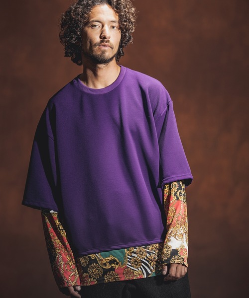 Jih Nunc(ジーヌンク)の「mlt3537-カットソー×総柄コンビフェイクレイヤードカットソー(Tシャツ/カットソー・メンズ・ホワイト/ブラック/パープル・S/M/L)」の6枚目の写真