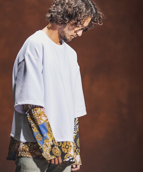 Jih Nunc(ジーヌンク)の「mlt3537-カットソー×総柄コンビフェイクレイヤードカットソー(Tシャツ/カットソー・メンズ・ホワイト/ブラック/パープル・S/M/L)」の10枚目の写真