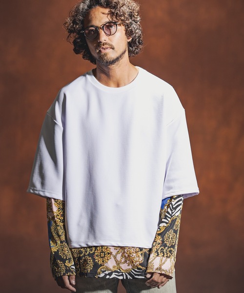 Jih Nunc(ジーヌンク)の「mlt3537-カットソー×総柄コンビフェイクレイヤードカットソー(Tシャツ/カットソー・メンズ・ホワイト/ブラック/パープル・S/M/L)」の11枚目の写真