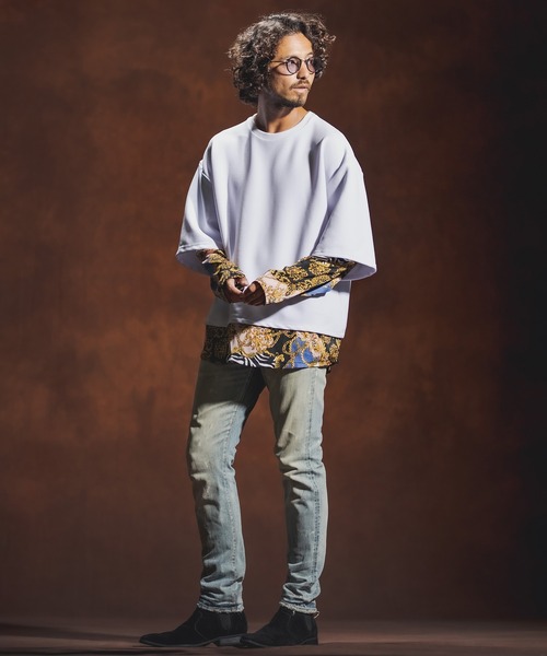 Jih Nunc(ジーヌンク)の「mlt3537-カットソー×総柄コンビフェイクレイヤードカットソー(Tシャツ/カットソー・メンズ・ホワイト/ブラック/パープル・S/M/L)」の12枚目の写真