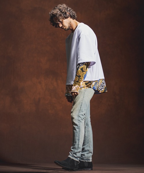 Jih Nunc(ジーヌンク)の「mlt3537-カットソー×総柄コンビフェイクレイヤードカットソー(Tシャツ/カットソー・メンズ・ホワイト/ブラック/パープル・S/M/L)」の13枚目の写真